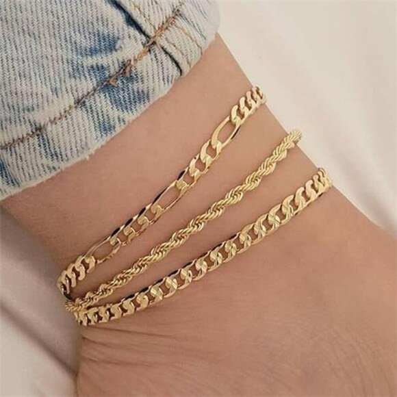 Gold Anklet Set for Women 14K Plated Waterproof Layered Cuban Chain Bracelets - Picture 2 of 6